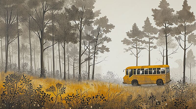 a painting of a yellow bus as it passes a forest, in the style of monochromatic minimalist portraits, life-like avian illustrations, gond art, flowing silhouettes, gray and brown, pastoral landscape, somber mood --ar 16:9 --v 6.0 --style raw