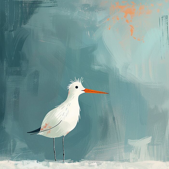 animation about a bird, in the style of dark white and orange, minimal design, realistic painted still lifes, cartoonish innocence, dark sky-blue and white --v 6.0