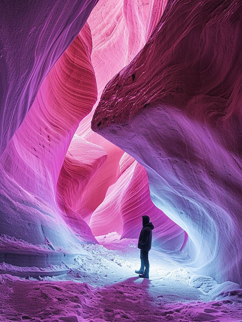 the explorer standing in the snow in a lighted up mountain, in the style of wavy resin sheets, national geographic photo, eroded interiors, captivating documentary photos, pink and azure, vibrant use of light and shadow, intricate patterns, delicate lines --ar 3:4 --v 6.0 --style raw