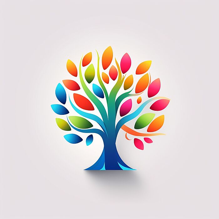 Create an 3D minimalist logo of a central [trees] in a vibrant, stylized, and colorful design. The subject should be detailed and the central focus, with the rest of the image fading into a clean, white background. The style should be whimsical and modern, with a touch of playfulness and a flat design aesthetic. --v 5.2 --s 50 --style raw