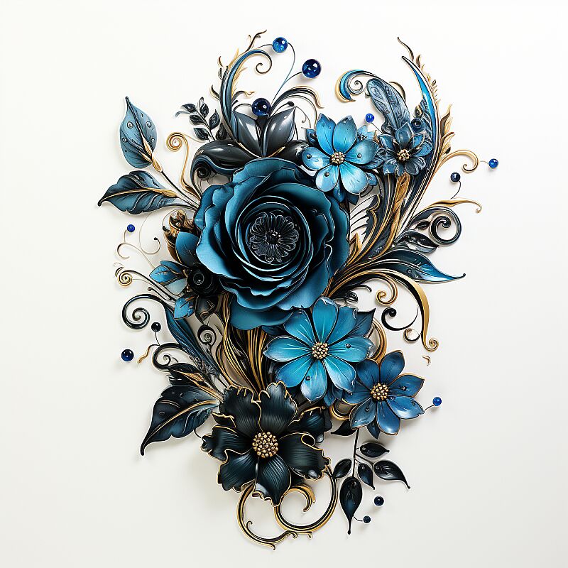 A floral tattoo with blue flowers and leaves, in the style of baroque ornamental flourishes, dark black and dark beige, colorful composition, luxurious wall hangings, airbrush art, spiral group, made of wrought iron --q 2 --s 750