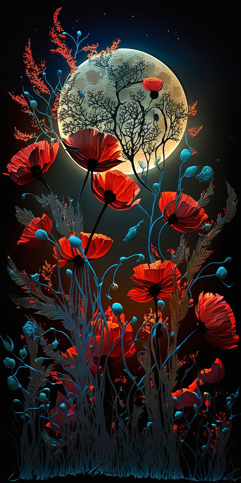 Field of poppies in the glow of the moon :: inner glow, filigree, vibrant color --ar 1:2  --q 2          --v 4