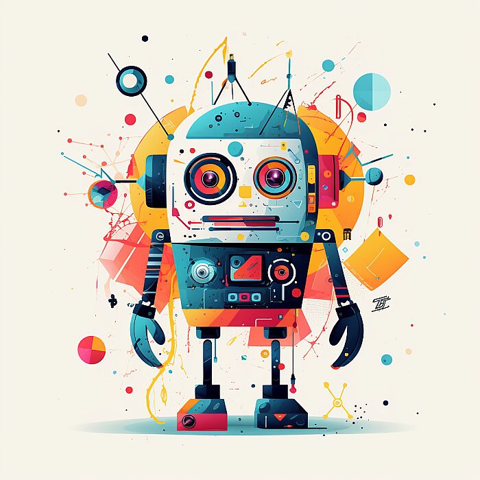 Create an minimalist illustration with a central [robot] in a vibrant, stylized, and colorful design. The subject should be detailed and the central focus, with the rest of the image fading into a clean, white background. The style should be whimsical and modern, with a touch of playfulness and a flat design aesthetic. --v 5.2 --s 50