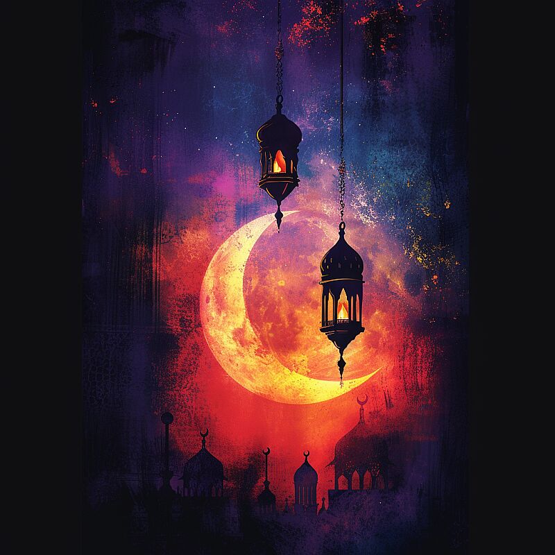 ramadan mood themed background night and moon colouful --v 6.0