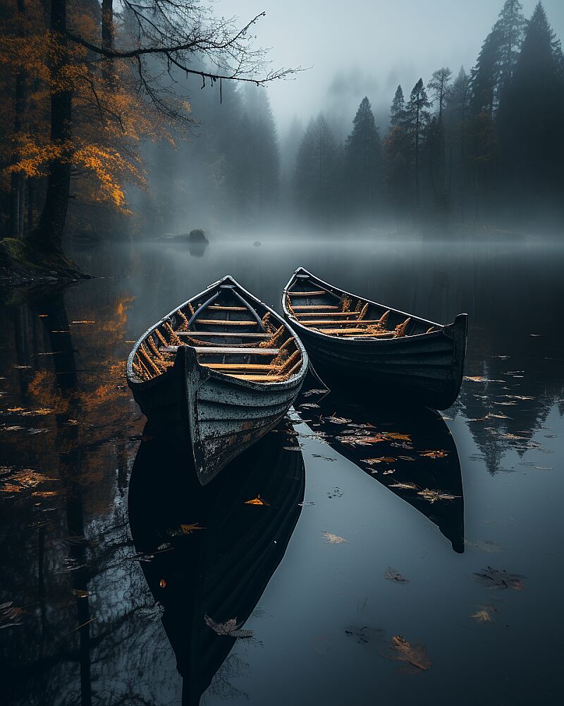 &lt;https://s.mj.run/8CFvVRkCVYk&gt; two wooden boat on the water, in the style of atmospheric woodland imagery, moody color schemes, dark and intricate, visually poetic, nature-inspired installations, sharp focus, 32k uhd --ar 103:128 --upbeta --s 750 --style raw