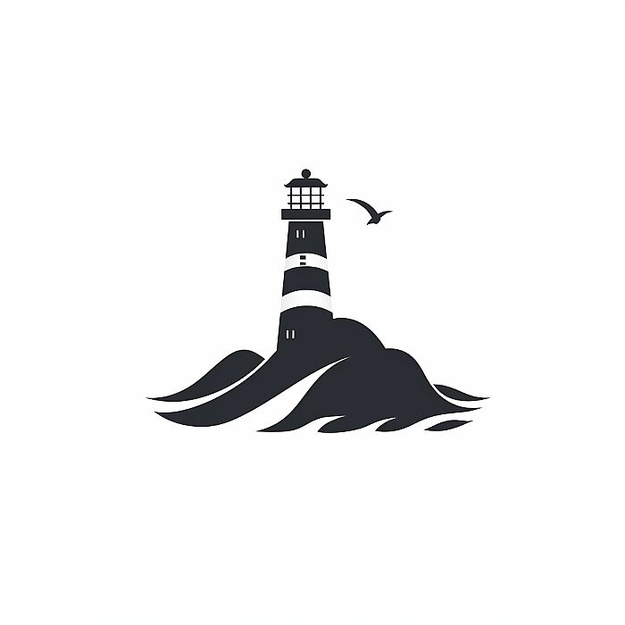 Create a stylized logo that represents [lighthouse] with a distinctive Japanese aesthetic. The design should be minimalistic yet powerful, utilizing clean lines and curves reminiscent of Japanese brush art on white background. Use a monochromatic color palette with shades of black, white to evoke elegance and simplicity. The [lighthouse] should be the focal point, depicted in an abstract or slightly abstract form that captures the essence of the subject with artistic flair. Background elements should be subtle and complement the [lighthouse], such as minimalist representations of natural elements or traditional Japanese patterns. The overall look of the logo should convey a sense of balance and harmony, suitable for a modern brand that values sophistication and cultural inspiration --v 5.2