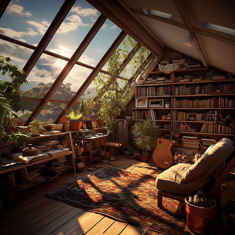 The study at home, skylight exposure, Graphics, 32K, HDR