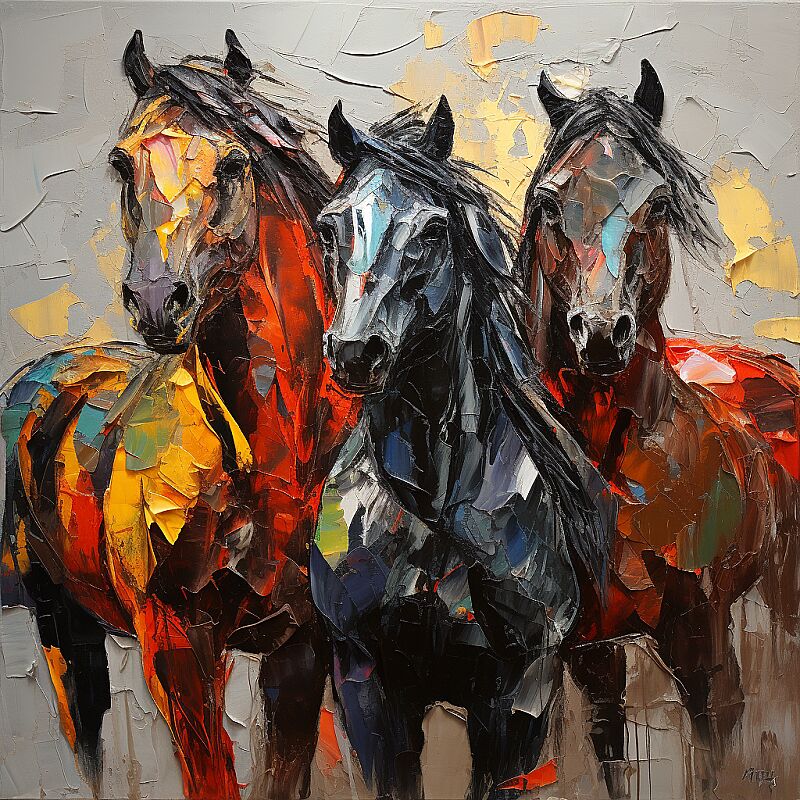 dark horses, oil painting patchwork, thick impasto,