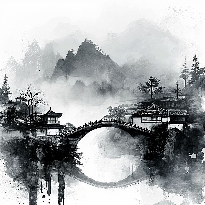 an old painted asian town and a bridge, in the style of minimalistic black and white sketches, water drops, northern china's terrain, smokey background, web-based art, dansaekhwa, impasto texture --v 6.0 --style raw