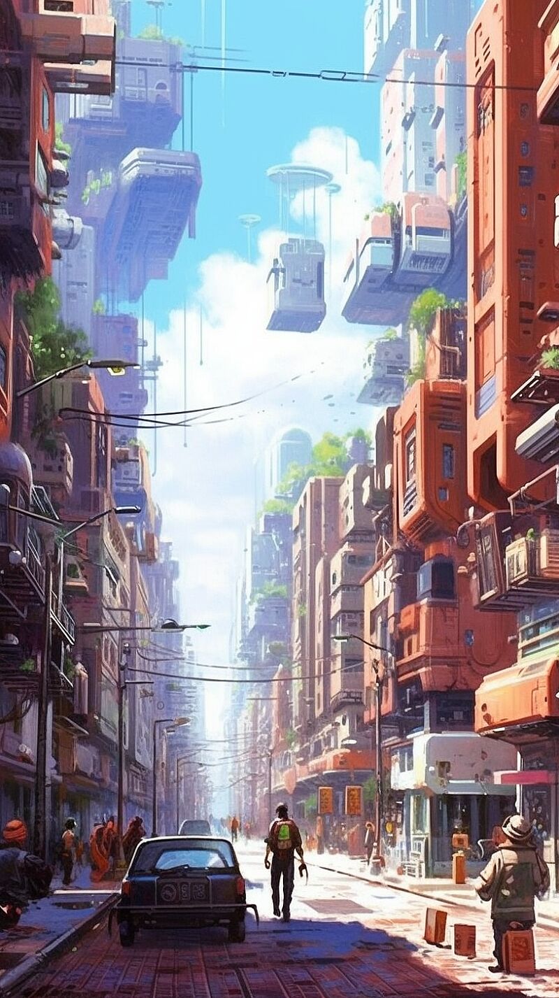 a peaceful illustration of a future city street with brick apartments, amazing anime style illustration, animecore, robots, 16k, bright sky, beautiful, John Berkey, Syd Mead, Bob Layzell --ar 9:16 --s 1000 --v 5.1 --style raw