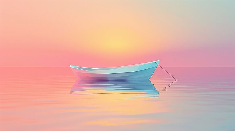 boat, flat, 2D, simple vector art, shiny and iridescent, soft pastel colours, --ar 16:9 --v 6.0 --style raw