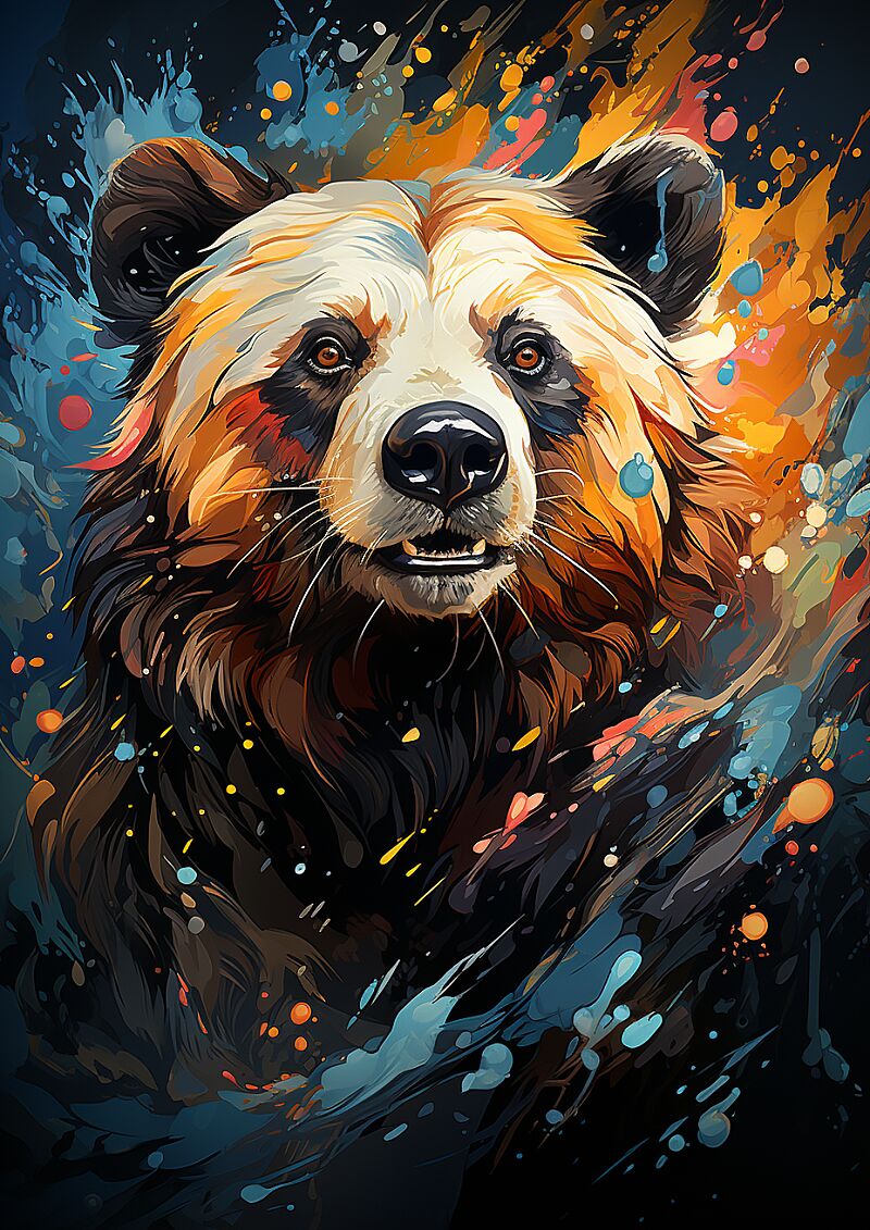 colorful panda bear artwork by ivan ionilio, in the style of paint dripping technique, 32k uhd, andrzej sykut, colorful muralist, strong facial expression, trace monotone, bold post-impressionism --ar 5:7 --s 1000