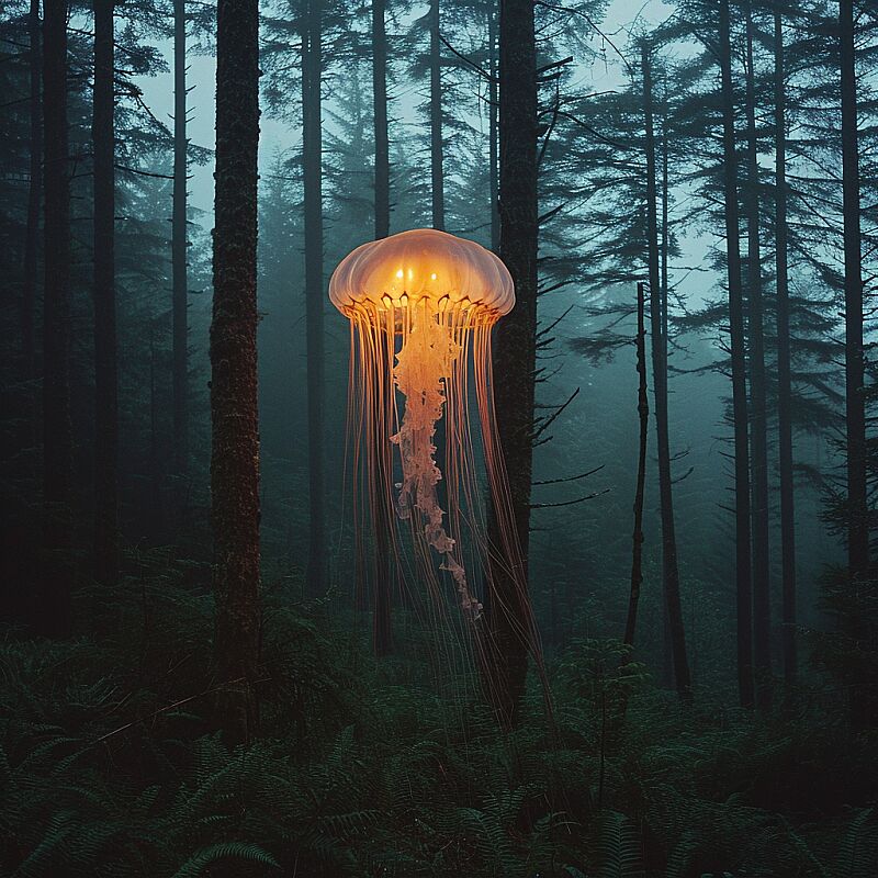 A jellyfish in a foggy forest at twilight. --v 6.0 --style raw