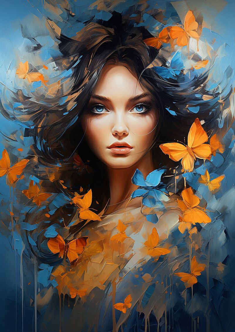 a painting of a beautiful woman, in the style of azure and amber, eye-catching, aleksi briclot, colorful fauna, emilia wilk, artistic fragments, manga style --ar 5:7 --v 5.2 --style raw