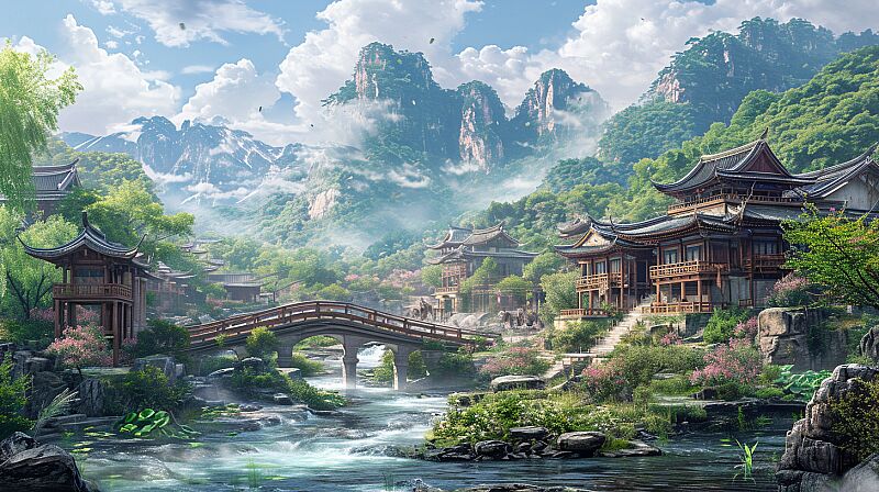 an asian village is shown with a river flowing under a bridge, in the style of realistic yet stylized, dreamlike motifs, confucian ideology, sung kim, lifelike renderings, 500–1000 ce, detailed backgrounds --ar 16:9 --v 6.0 --style raw