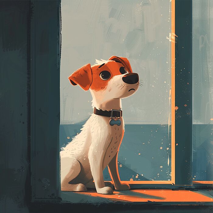 animation about a dog, in the style of dark white and orange, minimal design, realistic painted still lifes, cartoonish innocence, dark sky-blue and white --v 6.0