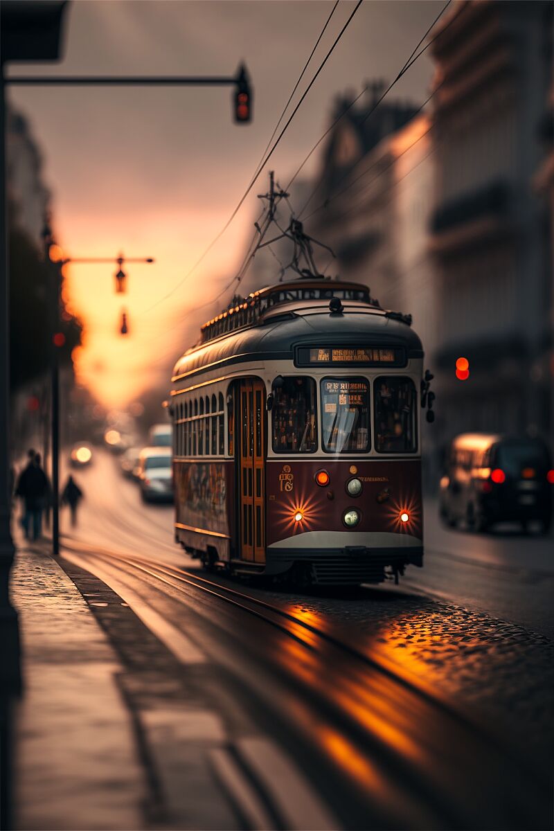 Tilt-shift, street scene of a trolley bus in the city of Porto, landscape, stunning sunset, sharp focus, stunning lights, photorealistic, volumetric lighting, hyperrealistic, defined, cinematic lightning, ultra-detailed, intrincate details, photo, epic clouds, stunning, extremly realistic, temple, 8K --v 4 --q 2 --ar 2:3