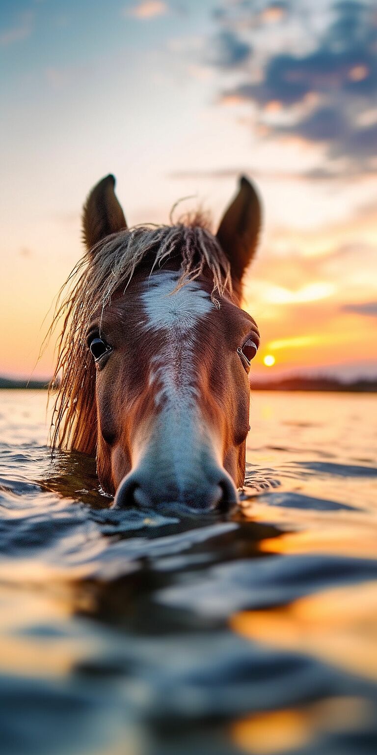 a closeup photo of a beautiful pony and his beautiful eyes and shiny mane on the water with a beautiful sunset in the distance, low camera angle, dynamic composition and dramatic lighting, highly detailed, professional photo, hyperrealistic, orange, blue, red --ar 9:18 --c 98 --s 987