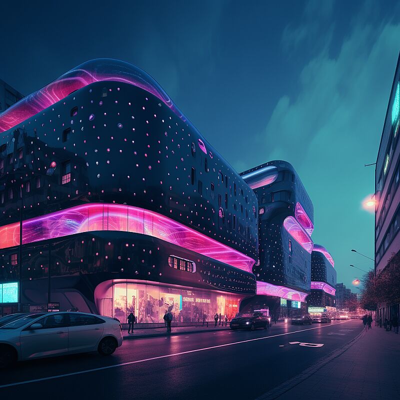 street view photo of a sustainable city, contemporary architecture, futuristic neon advertisements  --q 2      --v 5