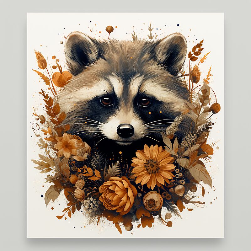 raccoon with autumn leaves and flowers on a gold background canvas, in the style of dark beige and sky blue, atmospheric watercolors, organic movement, lith printing, mottled, charming character, romanesque art, --s 250