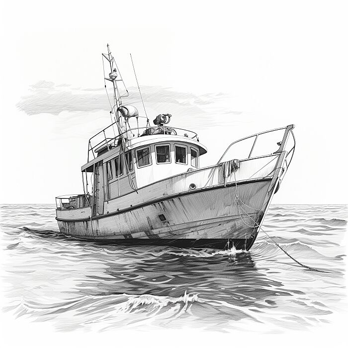 Create a low detailed monochrome illustration of [boat], featuring a detailed line-drawing style with realistic elements. The subject should be prominent in the composition with a background that complements its form. Use clean lines and cross-hatching to add texture and depth, capturing the essence of the subject in a striking and recognizable manner. --v 5.2 --style raw --s 150