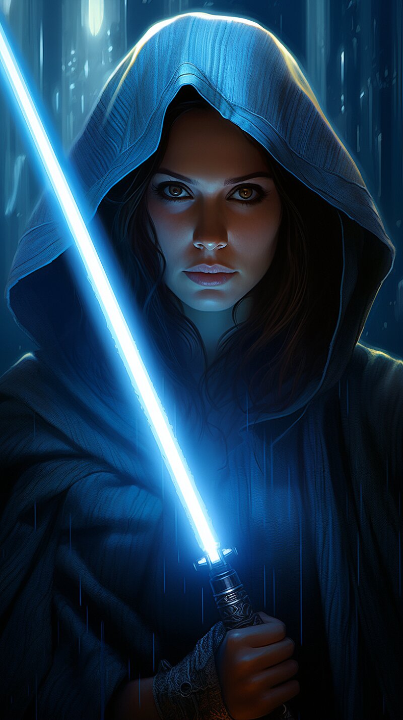 Star wars Poster. portrait of a female Jedi. intricate lighting. Ralph McQuarrie style. blue lightsabers --v 5.2 --ar 9:16