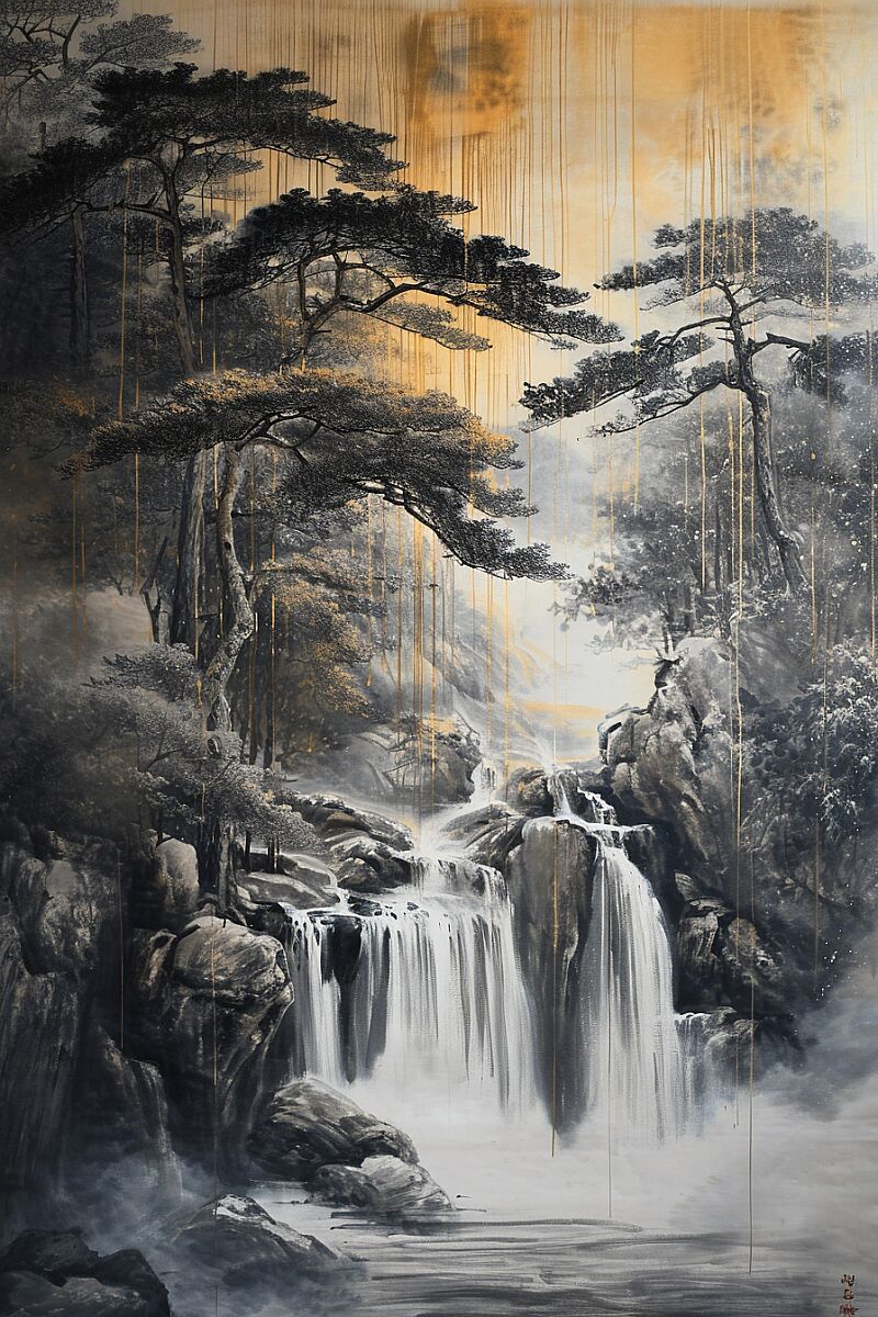 ink and brush painting of chinese landscape, in the style of flowing draperies, sung kim, dark gold and gray, serene faces, multilayered realism, wallpaper, captivating realism --ar 85:128 --v 6.0 --style raw