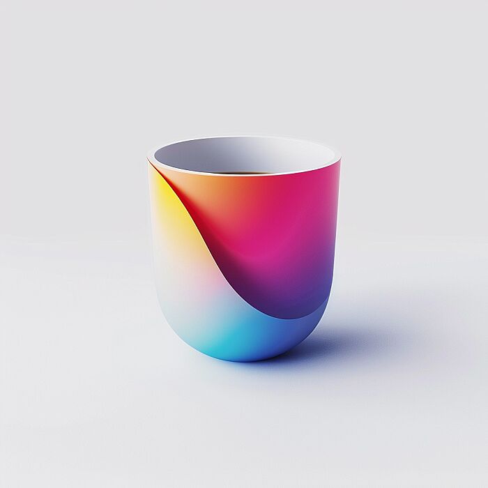 Create a 3D [cup] logo with a modern and minimalist design. The logo should feature geometric shapes, with a gradient color palette. colorful. The shapes should be arranged to create a clean, abstract representation of the subject, conveying its essence rather than detailed realism. The design should be suitable for use as a corporate brand identity, evoking stability. The overall look should be sleek and scalable, able to maintain its impact when used in various sizes. Add symbolizing interconnectivity and complexity. The image should be isolated on a white background for versatility in usage --v 6.0