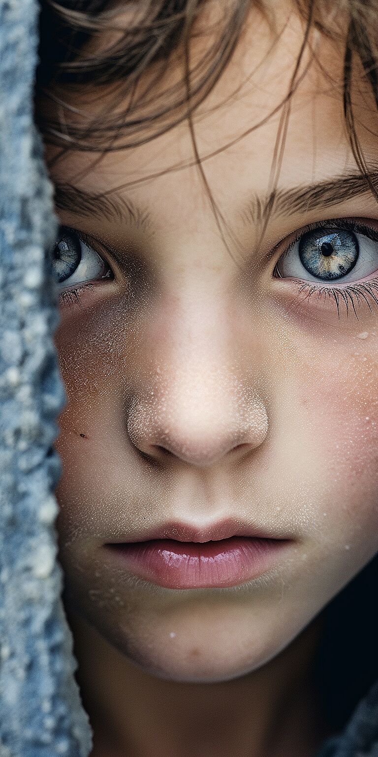 extremely Close-up portrait of pretty stone girl, blue eyes, professional photography --ar 1:2  --q 2