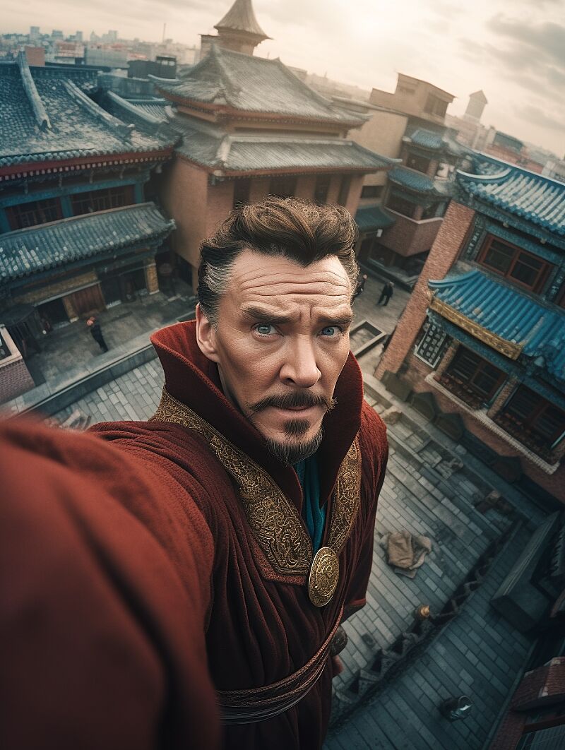 Doctor Strange taking a selfie with a GoPro on top of a building on Chinese palace , fish eye lens, high detail, ultra realistic, cinematic lighting, portrait painting, photorealistic, Color Grading, portrait Photography, hyper - detailed, beautifully color graded, Unreal Engine5, Cinematic 8K --ar 3:4 --s 750 --q 2 --v 5 --s 750 --q 2 --v 5