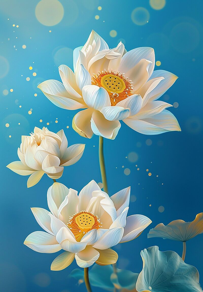 three lotus flowers on a blue background, in the style of highly detailed illustrations, light yellow and light white, detailed compositions, chinese tradition, intertwining materials, light white and gold, luminosity of water --ar 89:128 --v 6.0 --style raw