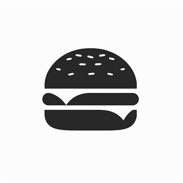 A single simple high quality minimalistic absolutely dark black flat SVG style icon symbol of a burger on a plain basic clean minimal white background in a modern and simplistic 2D corporate IT vector iconography design style with ultra-minimal detail, used as a professional graphic element for websites, apps, and presentations and made by an iconography specialist --v 6.0