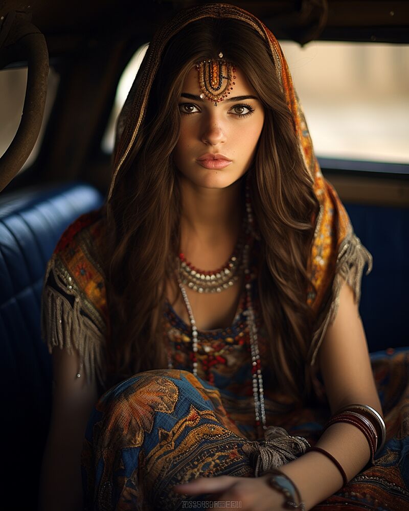 Beautiful Balouch girl, Balochi embroidery attire, behind a vintage supra --ar 4:5 --v 5.2 --style raw