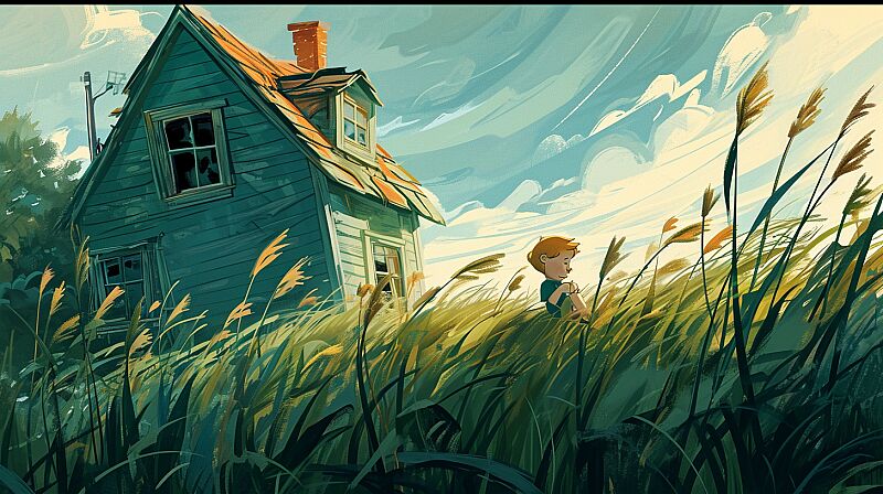 illustration of a boy in the grass on a house with a window， in tall green grass , blue sky,with a gentle breeze blowing through it，in the style of Elsa Beskow, dark green and orange, aerial view, calming, duckcore --ar 16:9 --v 6.0 --style raw