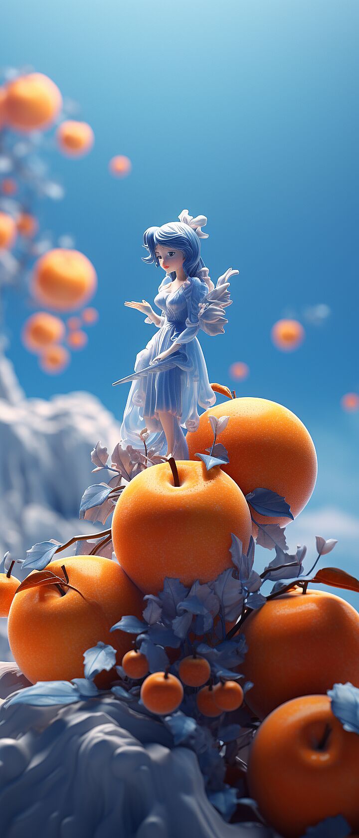 Frost, miniature figurines ON Persimmon, Frost adheres to persimmons, Temperatures drop, Cool color, in the style of surreal fashion photography, unreal engine 5，very beautiful，3D atrwork, C4D, blender, OC render, high detail, 32k uhd, anime-inspired character designs, i can\'t believe how beautiful this is, 32k uhd --ar 9:21