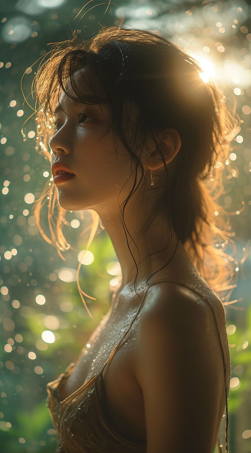 a woman in silhouette is standing in a window, in the style of romantic soft focus and ethereal light, yuko tatsushima, sunrays shine upon her, sony fe 85mm f/1.4 gm, joel robison, japenese renaissance, 32k uhd --ar 71:128 --stylize 750 --v 6.0 --style raw