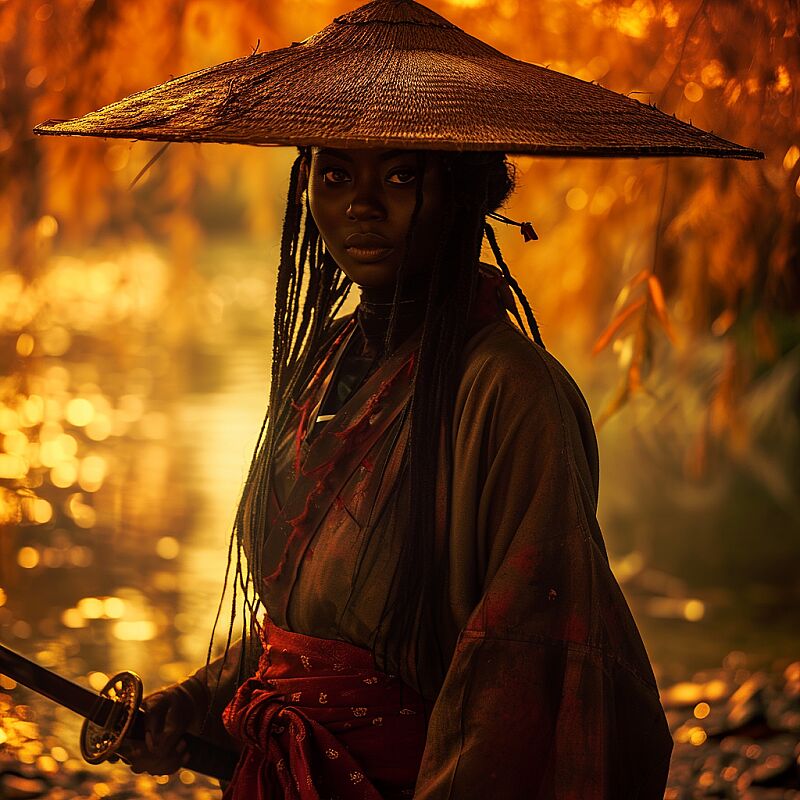 courage and love save the world, african american woman Samurai, In a forest aflame with the colors of fall, a samurai in traditional garb and a straw hat stands alert, a sword at their side. The serene expression suggests a story rich with honor and ancient traditions. super real photograph,courage and love save the world, african american woman Samurai, In a forest aflame with the colors of fall, a samurai in traditional garb and a straw hat stands alert, a sword at their side. The serene expression suggests a story rich with honor and ancient traditions. super real photograph, 8k, HDR, 500px, 8k, HDR, 500px --v 6.0 --style raw