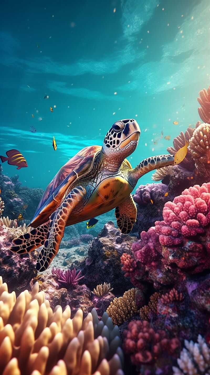 A colorful coral reef with an abundance of marine life, a sea turtle resting on a rock, a fascinating background image that captures the beauty and diversity of the underwater world, wide angle shot, 8K, lifelike --ar 9:16 --v 5.1