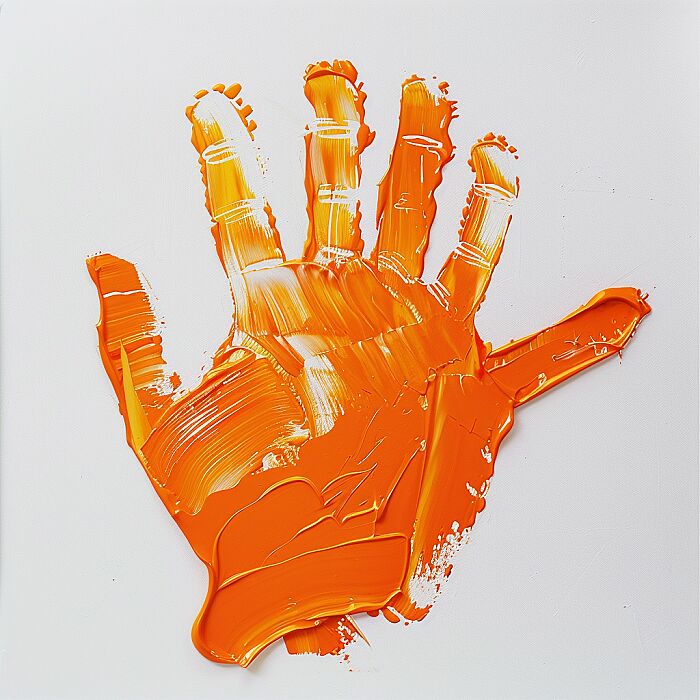 Top-down photograph of a vibrant [orange] [hand] silhouette made from paint smears, pure white background --v 6.0