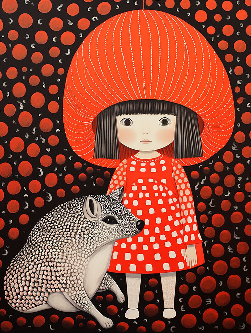 little girl and her pet armadillo in the style of Yayoi Kusama --ar 3:4