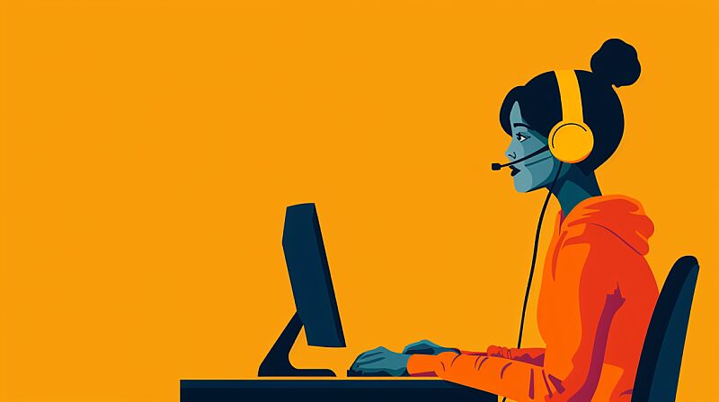 A Female Customer Service ls Wearing A Headset And LookingAt The Computer, Flat Illustration, minimalistic, Low Saturation,Graphic Design, --ar 16:9 --style raw --v 6.0