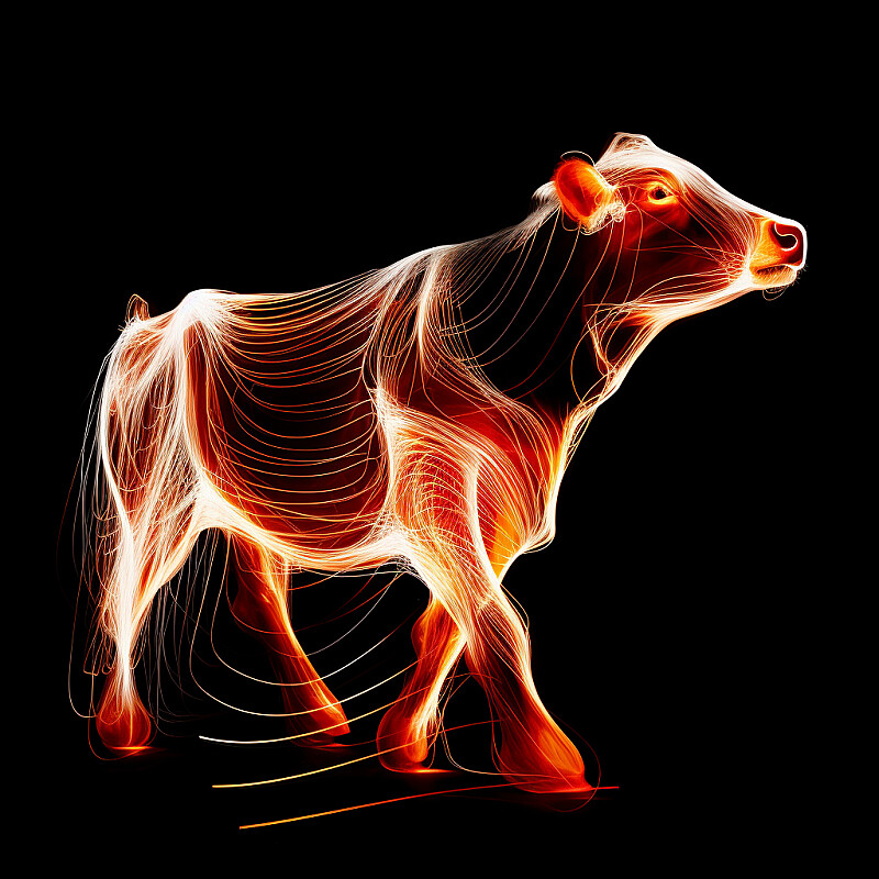 a Cow, with white lines along one side of frame, in the style of abstract forms in motion, flickering light effects, dark white and red, art nouveau curves, goerz hypergon 6.5mm f/8, light white and light orange, sublime light effects --style raw