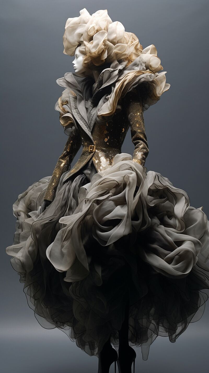 lady of the mist, in the style of physically based rendering, exquisite clothing detail, flowerpunk, dark gray and light bronze, rashad alakbarov, joseph ducreux, junya watanabe --ar 51:91 --v 5.1 --s 750 --q 2