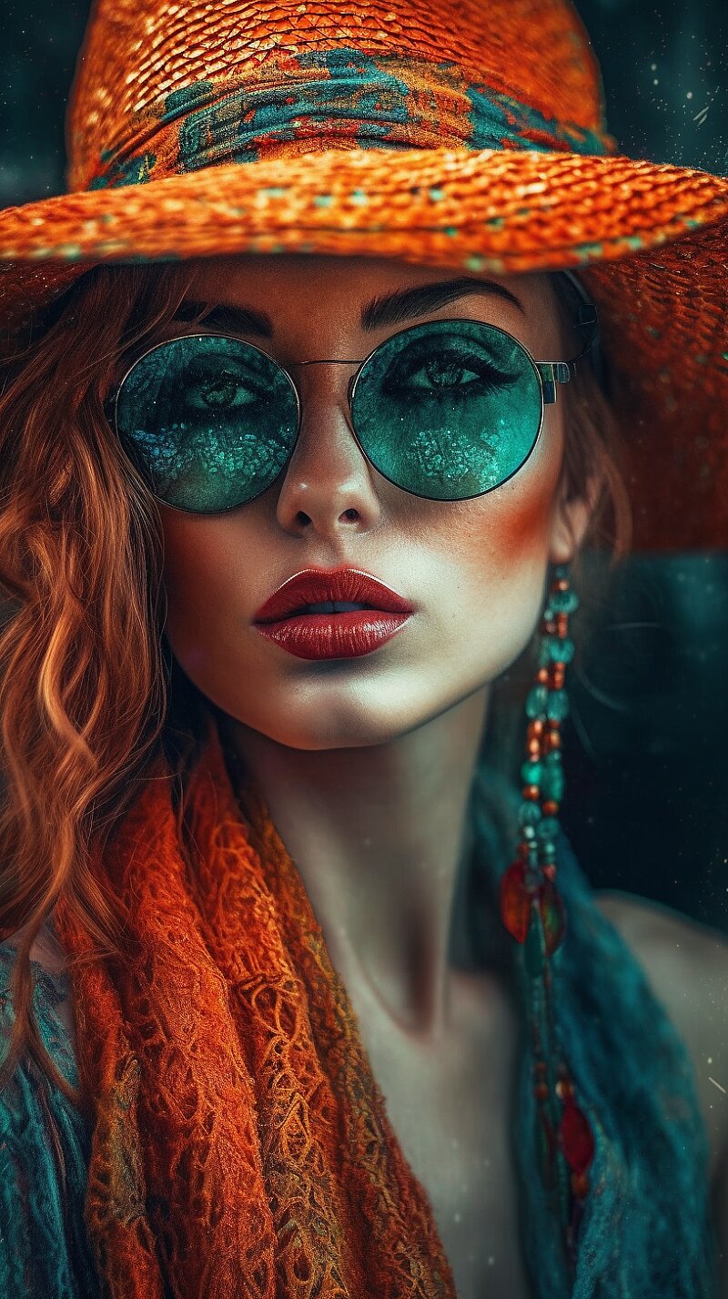 Portrait, Looking at the camera, A woman with sunglasses and hat wears colorful accessories, julieta mcguire, in the style of emerico imre toth, layered images, captivating gaze, net art, beautiful women, post - impressionistic, dark orange and cyan, punk - inspired art, layered colors, bold colors and brushwork, lens flares, light azure and orange --v 5 --s 500 --chaos 10 --ar 9:16  --upbeta  --v 5