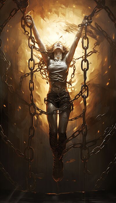 Depict a person breaking free from chains or barriers, symbolizing liberation from divisive thoughts and behaviors. The background could transition from darkness to light, representing personal growth and the journey towards unity and understanding --ar 4:7