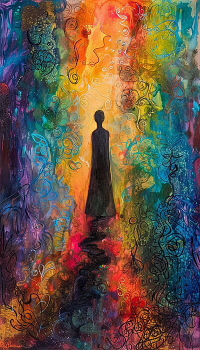 Rising Above Shadows: An illustration of a figure emerging from the darkness into a vivid, colorful world, portraying the transformative process of embracing one's shadow for personal growth. --ar 4:7 --v 6.0