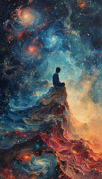 Mindful Mastery" Image: A silhouette of a person sitting cross-legged on a mountaintop, surrounded by swirling colors and abstract shapes. Background: A cosmic sky with stars and galaxies, evoking a sense of wonder and introspection. Additional Elements: Symbols of different disciplines (e.g., musical notes, yoga poses, paintbrushes) merging into the swirling colors. --ar 4:7 --v 6.0 --s 750