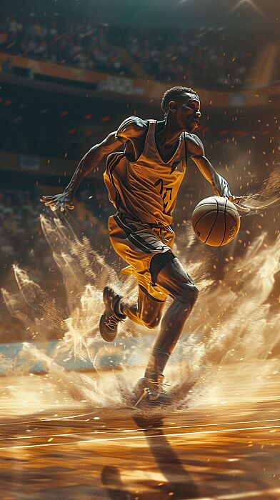 A player explodes down the court, legs a blur of motion as they dribble with incredible speed. Their expression is determined, dust swirling around them like a cheetah at full sprint. This emphasizes the fast-paced, skilled aspect of dribbling --ar 9:16 --v 6.0