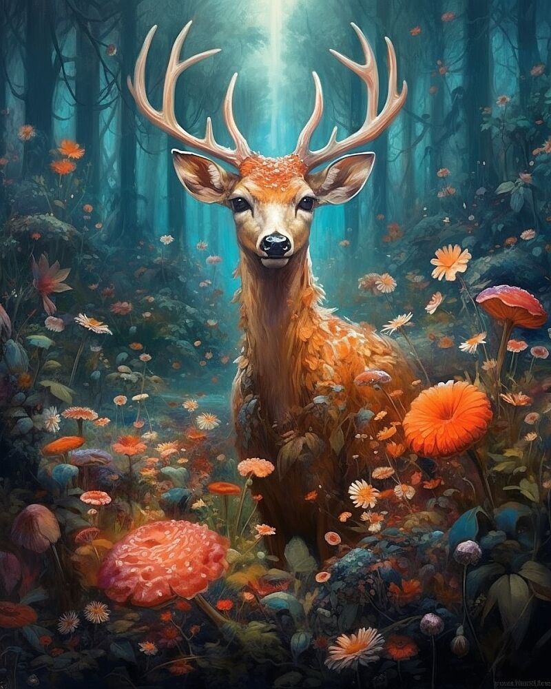 deer in the forest with mushrooms, in the style of illusionary paintings, ethereal creatures --ar 4:5 --s 900 --c 5