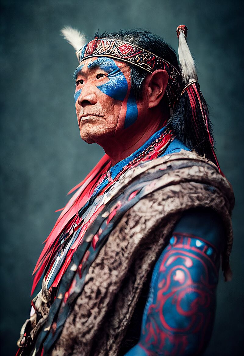 portrait photo  of a asia old warrior chief,  tribal panther make up, blue on red, side profile, looking away, serious eyes,  50mm portrait photography, hard rim lighting photography--beta --ar 2:3  --beta --upbeta